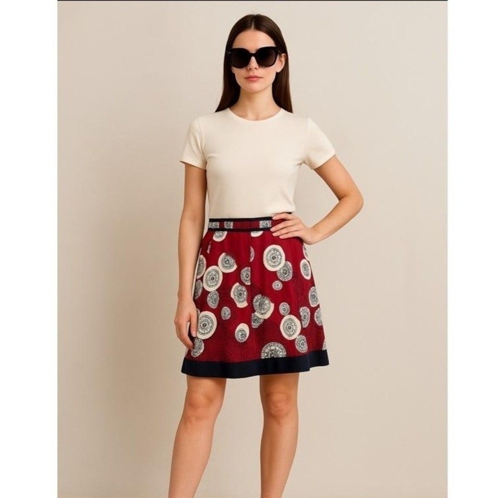 Talbots Skirt Womens 16 Red Black White Mandala Pattern Pleated Aline Skirt